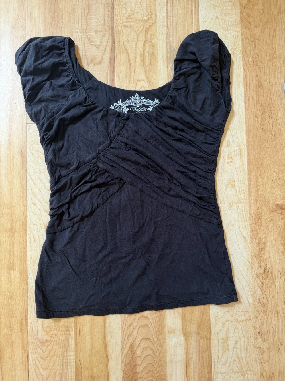 Deletta  Anthropologie Black Ruched Cap Sleeve Women's Top large